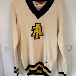 Cream and Black V-Neck Sweater with Yellow Accents